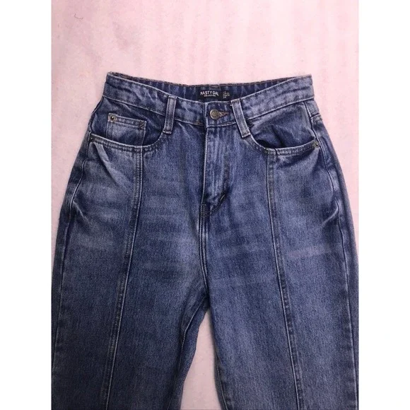 Nasty Gal High Waisted Straight Leg Jeans Blue Front Seam Raw Hem Size 2 25W - Picture 3 of 13